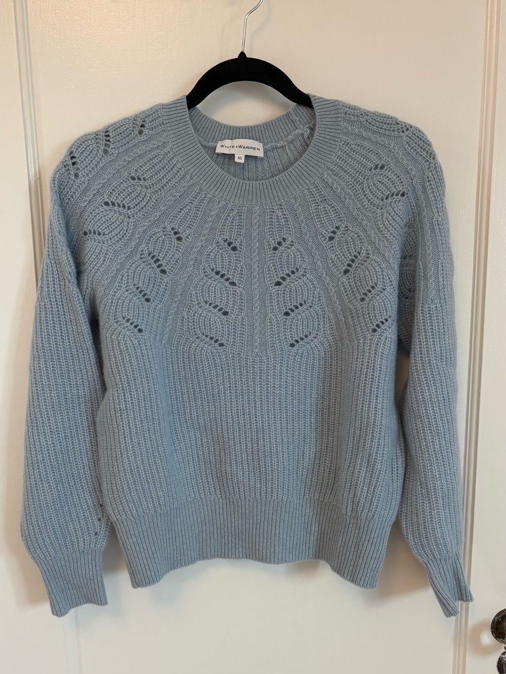 White and Warren lace pointelle sweater baby blue cashmere XS